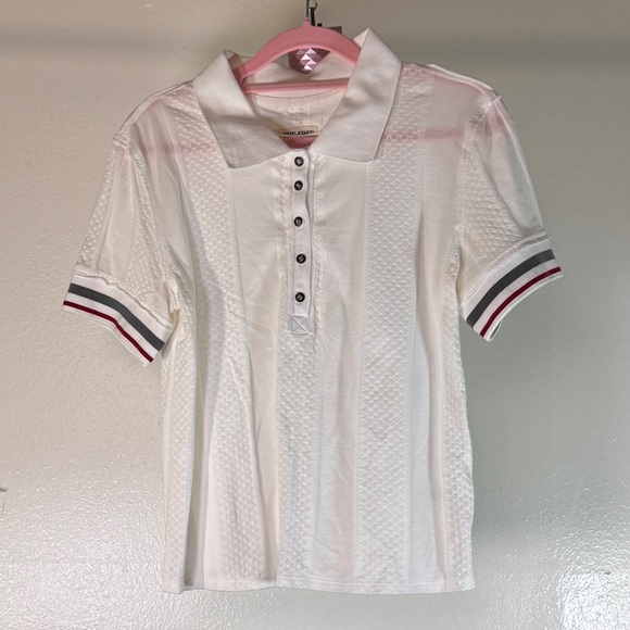 We The Free People Pointelle Knit Textured Polo Shirt White Tipped Sleeve M - Picture 4 of 6